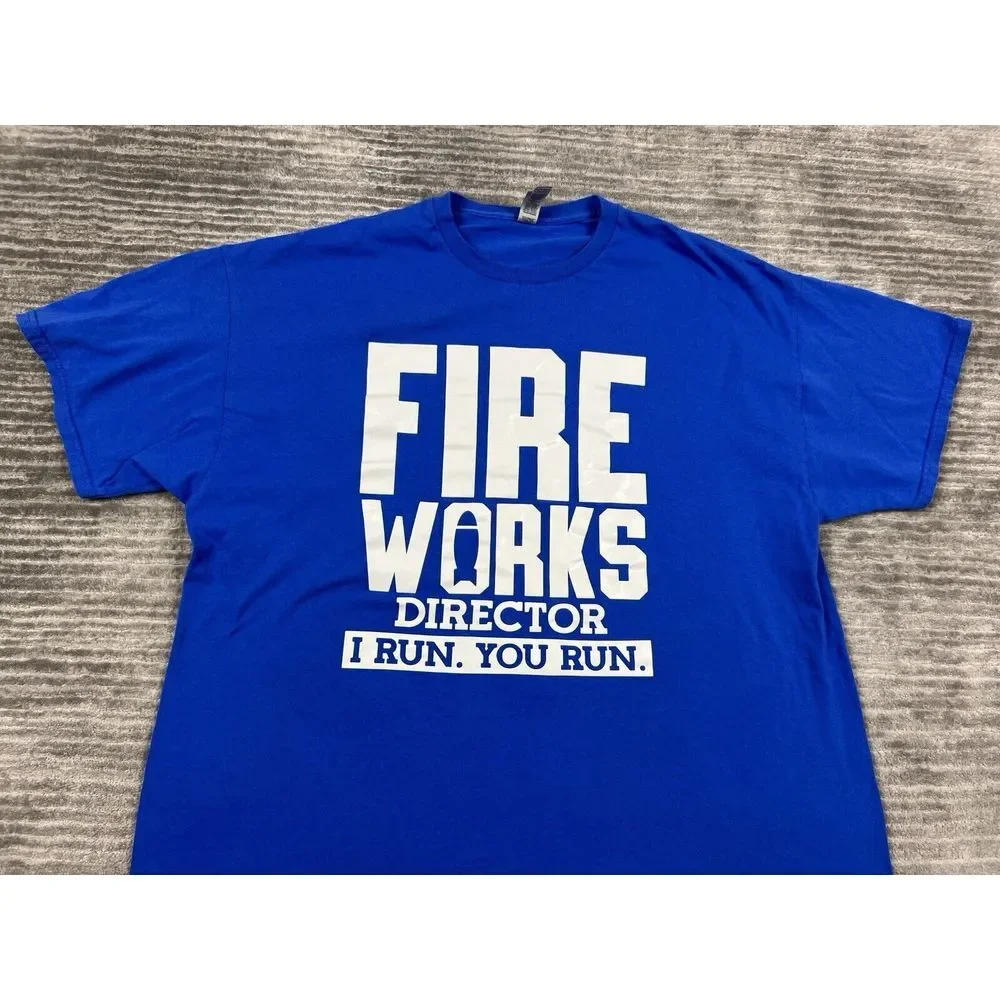Fire Works Director I Run‎ You Run Shirt Mens 2XL Blue Short Sleeve Funny